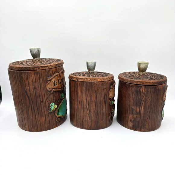 Vintage Treasure Craft US Canister Set - Flour Coffee Tea - Wood Look Ceramic wi - Picture 3 of 14